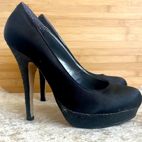 Steve Madden Black 5" High Heels Platform Pumps Satin Black Glitter Sexy Formal - Picture 9 of 16